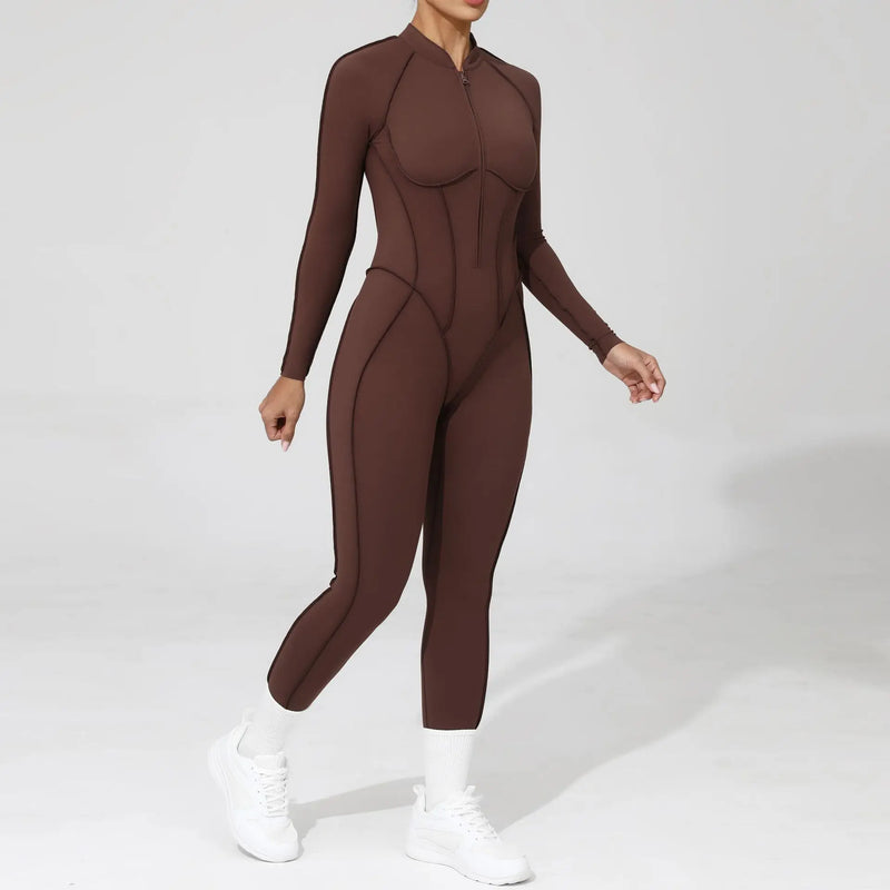 2025 Women's One-piece Yoga Jumpsuit leggings Zipper Nylon Long-sleeved Sexy Backless Slim Fit Sports Outfit with chest pad